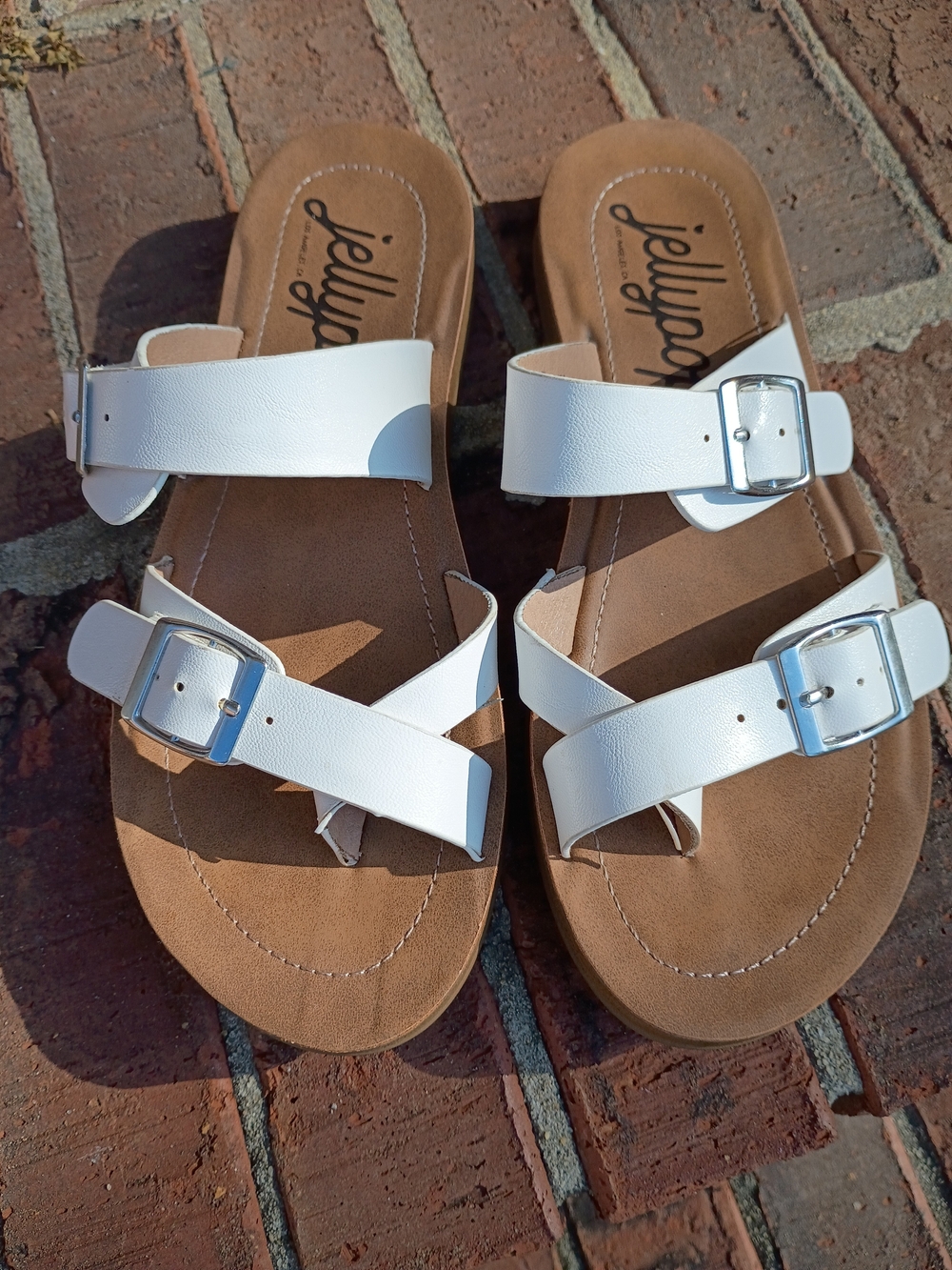 jellypop White Buckle Strap Slide Sandals for Women